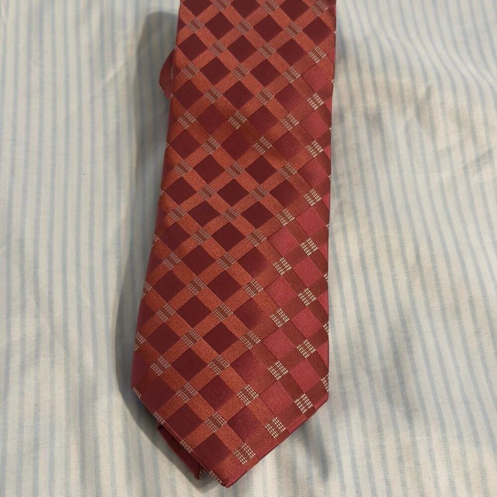 Calvin Klein Red and Orange Geometric Checkered 100% Silk Necktie